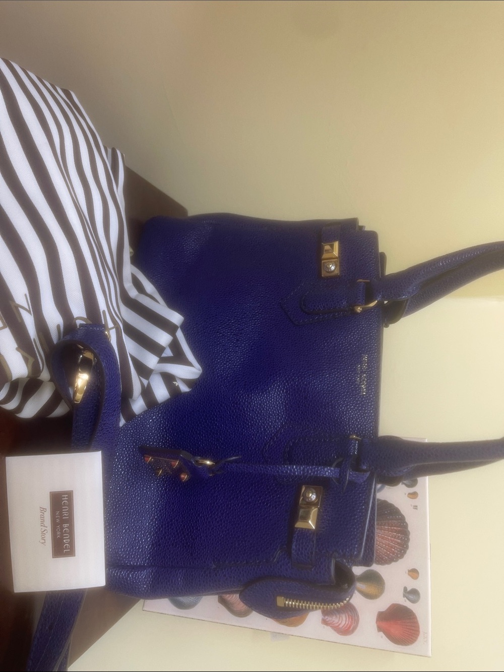 henri bendel cobalt blue pebbled leather satchel with gold hardware
